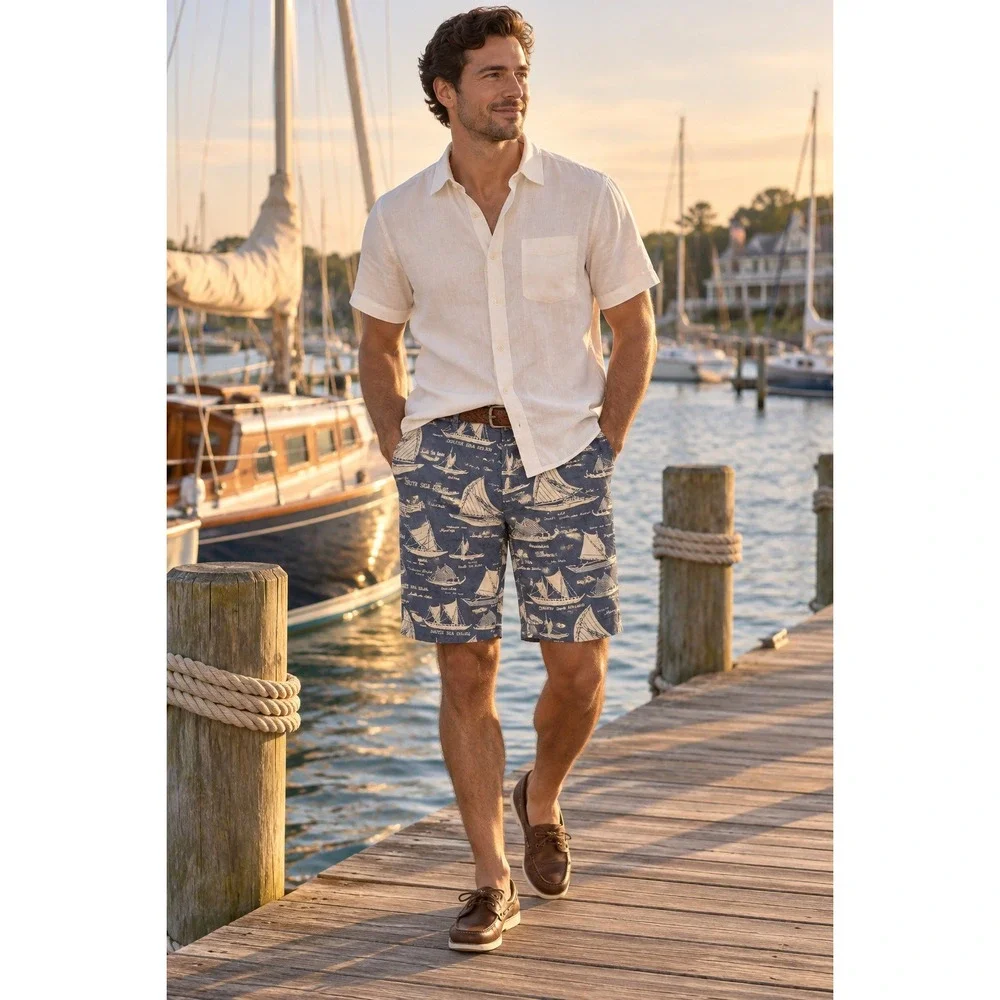 J.Crew South Sea Isles Nautical Polynesian Ship Print Chino Shorts Blue Preppy